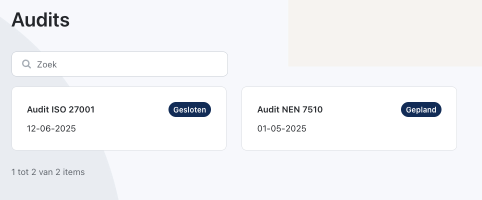 Auditmanagement scherm in het platform